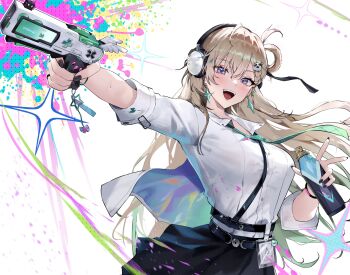 1girl aiming black_nails black_skirt blonde_hair braid braided_bangs breasts can earrings fingernails gamgyul graffiti hair_between_eyes hair_ornament hashtag-only_commentary headphones highres holding holding_can id_card jacket jewelry large_breasts long_hair looking_at_viewer lynae_(wuthering_waves) nail_polish open_mouth purple_eyes shirt shirt_tucked_in skirt skull_hair_ornament smile solo spray_can star_(symbol) star_earrings weapon white_jacket white_shirt wuthering_waves