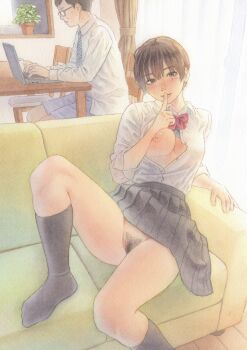 1boy 1girl black_socks blush brown_hair clothes_lift computer couch exhibitionism father_and_daughter female_pubic_hair finger_to_mouth glasses highres kneehighs laptop makki_(tobaccos) mole mole_under_eye nipples no_bra no_panties one_breast_out original painting_(medium) plant potted_plant pubic_hair public_indecency ribbon short_hair skirt skirt_lift smile socks table traditional_media underwear watercolor_(medium)