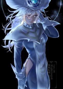 Rule 34 | 1girl, absurdres, artist name, black background, clothing cutout, commentary request, duel monster, gloves, grey hair, hair between eyes, hat, highres, hip vent, long hair, looking at viewer, purple eyes, silent magician, simple background, tabard, watermark, white gloves, white hat, white tabard, wizard hat, yu-gi-oh!, zero 1201