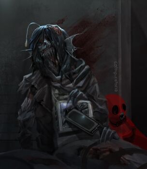 1boy 1other anglerfish_boy black_jacket brain catnip_cataria claws corel_painter_(medium) doll emaciated empty_eyes exposed_brain exposed_muscle extra_arms fins frills guro head_fins highres holding horror_(theme) imaginary_friend_(pressure) jacket leaning_back open_mouth painter_(pressure) pressure_(roblox) scarf sebastian_solace sharp_teeth shirt smeared_blood sunken_eyes tail teeth television torn_clothes white_shirt