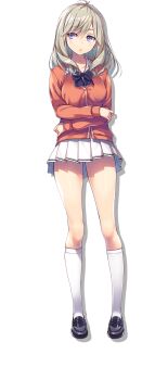 1girl advanced_nurturing_high_school_uniform black_bow black_bowtie black_shoes blonde_hair bow bowtie cardigan closed_mouth full_body highres kneehighs loafers long_sleeves medium_hair official_art orange_cardigan pleated_skirt purple_eyes school_uniform shoes simple_background skirt socks solo standing tomose_shunsaku transparent_background tsubaki_sakurako white_skirt white_socks youkoso_jitsuryoku_shijou_shugi_no_kyoushitsu_e