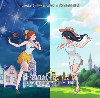 2girls barbara_parker black_hair blush breasts brown_eyes brown_hair hair_ribbon hanna_england harukadew hat high_heels little_witch_academia long_hair looking_at_another miniskirt movie_poster multiple_girls open_mouth outdoors ponytail ribbon skirt small_breasts straw_hat yuri