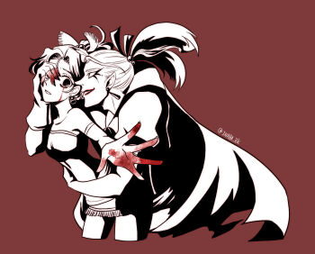 1boy 1girl bare_shoulders blood blood_on_face bloody_tears breasts brown_background cape cefca_palazzo cropped_legs detached_sleeves dress earrings facepaint final_fantasy final_fantasy_vi gloves hair_bobbles hair_ornament hair_ribbon inaba_tomoe jewelry medium_breasts monochrome outstretched_hand parted_bangs pointy_ears ponytail ribbon sash short_dress strapless strapless_dress tina_branford tube_dress twitter_username waist_sash