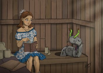 1girl bathroom blue_eyes book brown_hair dress outhouse panties panty_pull robot sitting solkatt tentacles toilet_paper underwear what