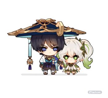 1boy 1girl :&lt; anklet aqua_gemstone armlet arms_at_sides asymmetrical_sidelocks belt black_bodysuit black_bow black_bridal_gauntlets black_hair black_sandals black_shorts blue_cape blue_gemstone blue_hat blue_kimono blue_sleeves blunt_ends bodysuit bow bracelet bridal_gauntlets cape chibi chibi_only clenched_hand closed_mouth colored_tips cross-shaped_pupils deformed detached_sleeves dress eyelashes feathers frown full_body gem genshin_impact gold gold_trim green_eyes green_gemstone green_hair green_pupils green_sleeves hachiimi hair_between_eyes hair_ornament hakama hakama_shorts hat height_difference highres holding_hands japanese_clothes jewelry jingasa juban kimono layered_sleeves leaf leaf_hair_ornament leg_warmers light_blush long_hair looking_at_viewer multicolored_hair nahida_(genshin_impact) open_clothes open_hand open_kimono outstretched_arm pleated_shorts pointy_ears pom_pom_(clothes) purple_belt purple_eyes purple_rope purple_sash rope sandals sash scaramouche_(genshin_impact) shadow short_sleeves shorts shoulder_peek side-by-side side_ponytail sidelocks smile socks standing straight-on streaked_hair symbol-shaped_pupils tareme tassel toeless_legwear toeless_socks tsurime twitter_username vision_(genshin_impact) wanderer_(genshin_impact) white_dress white_hair white_kimono white_leg_warmers white_sleeves white_socks wispy_bangs yellow_feathers zouri