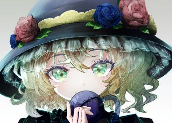 1girl black_hat blue_flower blue_rose commentary_request eyeball flower frilled_hat frilled_shirt_collar frills green_eyes green_hair hat hat_ribbon komeiji_koishi nanahana_nanana red_flower red_rose ribbon rose third_eye touhou white_background yellow_ribbon