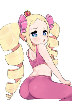 1girl alternate_costume araimelon beatrice_(re:zero) blonde_hair blush butterfly-shaped_pupils crown drill_hair forehead from_behind hair_ribbon highres loli long_hair looking_at_viewer midriff mini_crown open_mouth pants pink_pupils pink_ribbon re:zero_kara_hajimeru_isekai_seikatsu ribbon sidelocks simple_background sitting solo sports_bra sweat symbol-shaped_pupils twin_drills white_background yoga_pants