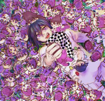 Rule 34 | 1boy, belt, black scarf, buttons, checkered clothes, checkered scarf, commentary request, cowboy shot, danganronpa (series), danganronpa v3: killing harmony, delidelidelic, doll, double-breasted, fumo (doll), grass, hair between eyes, holding, holding doll, jacket, long sleeves, lying, male focus, momota kaito, multicolored buttons, oma kokichi, on back, on ground, open mouth, pants, purple eyes, purple hair, scarf, short hair, stuffing, teeth, thigh belt, thigh strap, too many dolls, torn clothes, torn jacket, two-tone scarf, white belt, white jacket, white pants, white scarf, wrist belt