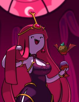 adventure_time bat_(animal) bite_mark breasts chocoberry_(adventure_time) cleavage colored_skin discount-supervillain fangs highres long_hair pink_hair pink_skin princess princess_bonnibel_bubblegum smile tiara toon_(style) vampire