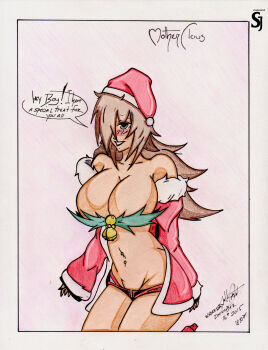1girl absurdres artist_name black_lips blush breasts brown_hair bursting_breasts cleavage coat dated english_text green_eyes hair_over_one_eye highres large_breasts long_hair looking_at_viewer navel_piercing open_clothes open_coat original parted_lips piercing santa_costume shorts smile solo strapless teeth traditional_media tube_top very_long_hair