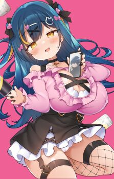 Rule 34 | 1girl, black choker, black nails, black skirt, blue hair, blush, breasts, cellphone, choker, cleavage, commentary request, drunk, eyelashes, fishnet thighhighs, fishnets, genderswap, genderswap (mtf), hair ornament, hair ribbon, hairclip, happy, highres, holding, holding phone, large breasts, long hair, looking at viewer, msp sammy, off shoulder, open mouth, original, phone, pink background, ribbon, simple background, single fishnet legwear, single thighhigh, skirt, smartphone, solo, thighhighs, v, yellow eyes