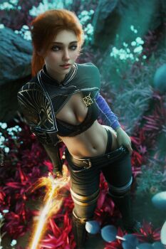 1girl 3d belt black_bra black_pants blue_eyes bra breasts clair_obscur:_expedition_33 cleavage fire flaming_sword flaming_weapon flower foot_out_of_frame freckles from_above grass hand_in_pants highres holding holding_sword holding_weapon lips looking_at_viewer maelle_(clair_obscur:_expedition_33) medium_breasts navel orange_hair outdoors panties pants panty_peek parted_lips ponytail red_flower shrug_(clothing) solo stomach sword underwear weapon zoh