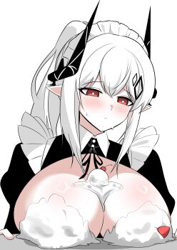 1girl absurdres alternate_costume arknights black_dress blush breasts breasts_out bright_pupils choebal1356201 cleavage demon_girl demon_horns dress enmaided food food_on_body food_on_breasts fruit hair_ornament highres horns huge_breasts maid maid_headdress mudrock_(arknights) pointy_ears red_eyes simple_background solo strawberry sweatdrop upper_body whipped_cream white_background white_hair white_pupils
