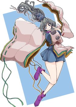 Rule 34 | 1girl, absurdres, blue background, blue dress, blue eyes, blue hat, blush, boots, breasts, commentary request, detached sleeves, dress, full body, grey hair, grin, gurajio, hat, highres, japanese clothes, kariginu, large breasts, long hair, looking at viewer, mononobe no futo, pom pom (clothes), ponytail, purple boots, ribbon-trimmed sleeves, ribbon trim, simple background, smile, solo, tate eboshi, touhou, two-tone background, v-shaped eyebrows, white background, white sleeves