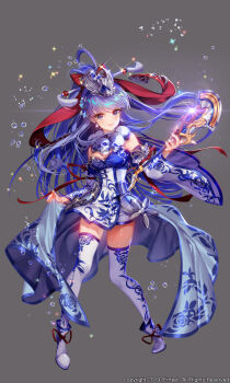 1girl blue_hair boots breasts commission detached_sleeves dress full_body grey_background hair_ornament highres holding kiwikong long_hair looking_at_viewer medium_breasts original purple_eyes purple_hair sensitive simple_background smile solo sparkle staff thighhighs white_thighhighs