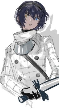 Rule 34 | 1boy, black gloves, blue hair, buttons, coat, collared coat, cropped torso, dark blue hair, gloves, hairband, heterochromia, highres, holding, holding sword, holding weapon, long sleeves, looking at viewer, male focus, metal hairband, metaphor: refantazio, patterned clothing, protagonist (metaphor: refantazio), samerkgk, sketch, solo, sword, turtleneck, unfinished, weapon, white background, white coat