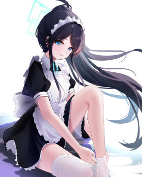 1girl absurdres apron aris_(blue_archive) black_dress black_hair blue_archive blue_eyes blue_ribbon closed_mouth dress dressing hairband highres holding_sock holding_unworn_clothes looking_at_viewer maid maid_apron maid_headdress pantyhose parted_bangs ponytail ribbon sidelocks smile socks thighhighs unworn_socks white_hairband white_pantyhose white_thighhighs yuuca