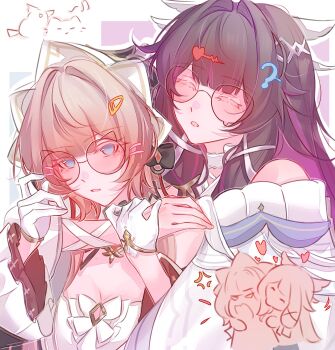 2girls ? ^_^ adjusting_eyewear arm_ribbon arms_around_neck bare_shoulders bird black_collar black_hair black_ribbon black_sleeves blue_eyes bonnet bow breasts brown_hair cat cleavage closed_eyes collar columbina_(genshin_impact) commentary detached_collar detached_sleeves dregs dress fang genshin_impact gloves hair_ornament hairclip hand_on_another's_arm head_on_another's_shoulder head_wings headdress heart highres hug hug_from_behind kiss long_hair long_sidelocks long_sleeves multicolored_hair multiple_girls multiple_wings musical_note open_mouth purple_hair purple_streaks ribbon sandrone_(genshin_impact) short_hair short_hair_with_long_locks sidelocks smile streaked_hair sunglasses two-tone_hair untranslatable_commentary very_long_hair white_dress white_headdress white_ribbon white_wings wing_hair_ornament wings wrist_bow yuri