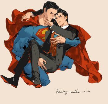 2boys arm_around_neck batman_(series) black_hair black_jacket black_shoes black_socks black_suit blue_bodysuit blue_eyes bodysuit bruce_wayne cape carrying carrying_person closed_mouth collared_shirt commentary dc_comics dress_shoes english_commentary english_text formal_clothes highres jacket layered_sleeves long_sleeves male_focus meijwttdg multiple_boys parted_lips princess_carry red_cape shirt shoes short_hair simple_background smile socks suit suit_jacket superhero_costume superman superman_(series) superman_logo white_shirt wing_collar yaoi