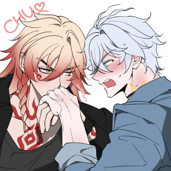 2boys antenna_hair black_choker black_jacket black_tank_top blonde_hair blue_eyes blue_jacket blush braid chest_tattoo choker commentary facial_tattoo flustered gradient_hair highres honkai:_star_rail honkai_(series) jacket kiss kissing_hand looking_at_viewer male_focus medium_hair multicolored_hair multiple_boys mydei_(honkai:_star_rail) neck_tattoo open_clothes open_jacket parted_bangs phainon_(honkai:_star_rail) red_hair red_tattoo short_hair side_braid stroooooxo sun_symbol sun_tattoo symbol-only_commentary tan tank_top tattoo white_hair yaoi yellow_eyes