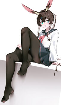 Rule 34 | 1girl, absurdres, alternate costume, amiya (arknights), animal ear fluff, animal ears, aqua eyes, arknights, black sailor collar, black skirt, brown hair, brown pantyhose, chinese commentary, commentary request, full body, hair between eyes, highres, long hair, long sidelocks, long sleeves, looking at viewer, neckerchief, no shoes, pantyhose, parted lips, ponytail, rabbit ears, rabbit girl, red neckerchief, sailor collar, shenmi de xigua, shirt, sidelocks, simple background, sitting, skirt, solo, thighs, toes, white background, white shirt