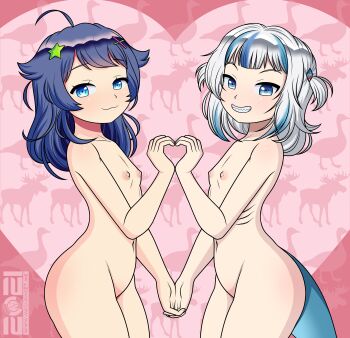 2girls :3 absurdres ahoge bird blue_eyes blue_hair blush dual_persona female_focus fins fish_tail flat_chest gawr_gura gills goose hair_ornament heart heart_hands heart_hands_duo highres hololive hololive_english indie_virtual_youtuber loli long_hair looking_at_viewer medium_hair megasweet moose multicolored_hair multiple_girls navel nipples nude open_mouth senzawa shark_tail silver_hair smile standing star_(symbol) star_hair_ornament streaked_hair tail upper_body virtual_youtuber x_hair_ornament