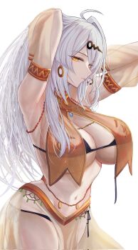 1girl alternate_costume armlet armpits arms_up bare_shoulders bikini black_bikini blush breasts closed_mouth commentary_request earrings highres jewelry large_breasts long_hair looking_at_viewer navel penguintake side-tie_bikini_bottom simple_background solo swimsuit underboob white_background white_hair yixuan_(zenless_zone_zero) zenless_zone_zero