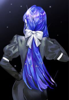 Rule 34 | 1other, black background, black gloves, blue hair, bow, commentary request, crystal hair, cynybwb, elbow gloves, facing away, gem uniform (houseki no kuni), gloves, hair bow, hand on own hip, highres, houseki no kuni, lapis lazuli (houseki no kuni), long hair, low-tied long hair, puffy short sleeves, puffy sleeves, short sleeves, solo, white bow