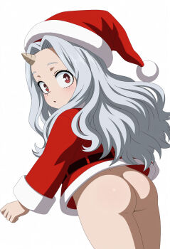 1girl ass boku_no_hero_academia bottomless dress eri_(boku_no_hero_academia) female_focus grey_hair hat highres horns loli looking_at_viewer looking_back red_eyes santa_costume santa_dress santa_hat solo unmeiart