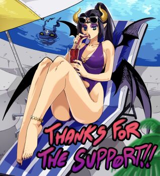 1girl 1other alternate_breast_size_(larger) ass curvy demon demon_girl digimon digimon_(creature) full_body highleg highleg_one-piece_swimsuit lilithmon lipstick long_hair makeup mark_of_evil nail_polish one-piece_swimsuit outdoors picodevimon ponytail swimsuit wanderjegson wide_hips wings
