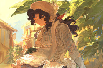 Rule 34 | 1girl, absurdres, animal, animal on lap, anjo nala, bird, black hair, building, chinese commentary, closed eyes, coif, commentary request, corset, day, gloves, goose, green gloves, hat, highres, long hair, makabakabakama, on lap, open mouth, outdoors, pinstripe pattern, pinstripe shirt, plant, reverse:1999, shirt, sitting, sky, solo, striped clothes, striped shirt, upper body, vertical-striped clothes, vertical-striped shirt, white corset, white hat, white shirt, white sky