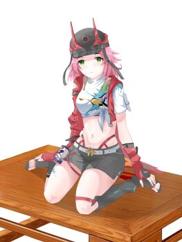 1girl absurdres arm_support asymmetrical_clothes asymmetrical_legwear belt black_hat blush boots buckle closed_mouth crop_top feet_on_table fiverr_commission from_side full_body gimmarak gloves graffiti green_eyes hands_on_feet hat helmet highres honkai:_star_rail honkai_(series) horns jacket leg_tattoo legband looking_at_viewer midriff navel non-web_source on_table pink_hair rappa_(honkai:_star_rail) red_horns red_jacket shadow shirt short_hair short_shorts short_sleeves shorts sidelocks sitting solo table tattoo thigh_strap thighs toes wariza white_background white_shirt white_shorts