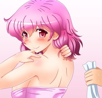 1girl artist_self-insert bad_id bad_pixiv_id breasts female_focus large_breasts male_hand out_of_frame pink_hair red_eyes saigyouji_yuyuko shin'en-san_(shin'en) shin'en_(gyokuro_company) short_hair touhou towel