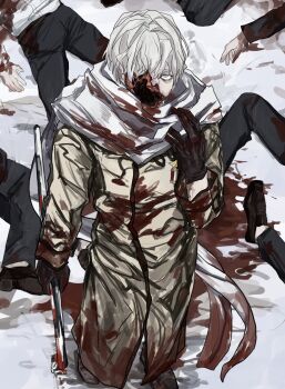 1boy 6+others axis_powers_hetalia black_gloves black_jacket black_pants black_shoes blood blood_on_clothes blood_on_face blood_on_ground bloody_weapon boots brown_boots brown_shoes coat collared_coat day death formal_clothes gloves guro hair_between_eyes hand_up highres holding holding_lead_pipe jacket kiguchi05 lead_pipe long_sleeves looking_at_viewer lying male_focus medal multiple_others murder on_back outdoors pants purple_eyes russia_(hetalia) scarf shirt shoes short_hair snow standing star_ornament weapon white_hair white_scarf white_shirt winter yellow_coat