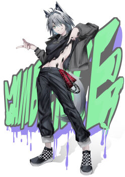 1girl :d absurdres ambience_synesthesia animal_ears arknights black_pants bracelet breasts bright_pupils checkered_footwear eugle_na full_body graffiti green_eyes grey_hair grey_jacket grin hair_intakes hair_over_one_eye highres jacket jewelry lappland_(ambience_synesthesia)_(arknights) lappland_(arknights) long_sleeves looking_at_viewer material_growth medium_breasts midriff navel necklace no_bra open_clothes open_jacket open_mouth oripathy_lesion_(arknights) pants parted_lips ring short_hair smile solo standing tail underboob wolf_ears wolf_girl wolf_tail