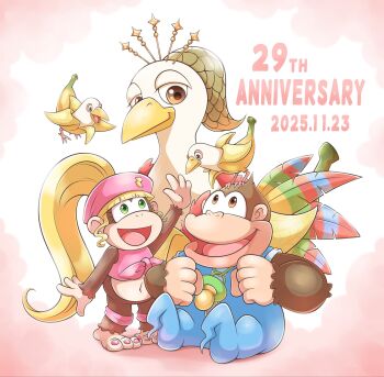 1boy 1girl 2025 anniversary aogaeru_(pixiv46613656) banana_bird banana_bird_queen beret bird blonde_hair chimpanzee cloud dated dixie_kong donkey_kong_(series) donkey_kong_country_3 gorilla green_eyes hand_up hat kiddy_kong looking_at_another nail_polish navel nintendo onesie open_mouth pacifier pink_background ponytail shirt sitting smile standing tied_shirt toenail_polish toenails