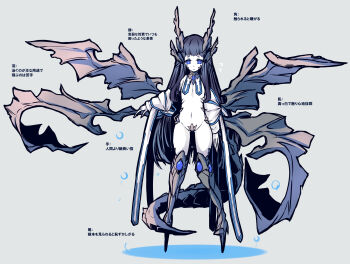 1girl bare_shoulders black_hair blue_eyes blunt_bangs boots bubble commentary_request detached_collar detached_sleeves dragon_horns dragon_tail dragon_wings eastern_dragon_horns full_body grey_background groin highres hisui_(syarute) horns loli long_hair navel notes nude original oversized_limbs pale_skin scales sidelocks simple_background solo standing tail thick_eyebrows translation_request wings