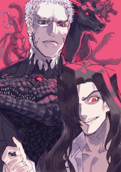 2boys absurdres animal anjin bird black_hair black_skin coat collared_shirt colored_skin crocodile crocodilian deer evil_smile grey_eyes grey_hair hair_over_one_eye highres long_hair looking_at_viewer male_focus michael_roa_valdamjong monster multiple_boys nrvnqsr_chaos open_clothes open_coat open_shirt red_background red_eyes sharp_teeth shirt smile snake teeth tsukihime vampire white_shirt