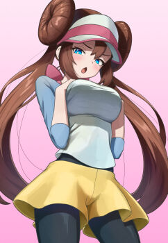 1girl black_pantyhose breasts brown_hair commentary double_bun ganze_382 gradient_background hair_between_eyes hair_bun hands_on_own_chest highres large_breasts long_hair looking_at_viewer nintendo open_mouth pantyhose pink_background pokemon raglan_sleeves rosa_(pokemon) shirt shorts solo twintails visor_cap white_shirt yellow_shorts
