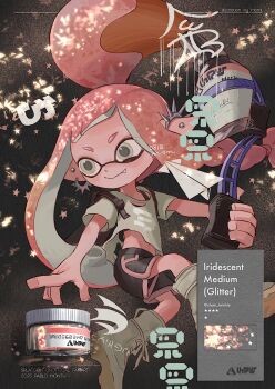 1girl black_background black_shorts boots closed_mouth commentary_request copyright_name dolphin_shorts ear_piercing fang fang_out grey_eyes ink inkbrush_(splatoon) inkling inkling_girl inkling_player_character long_hair nintendo piercing pink_hair pointy_ears print_shirt shirt shorts smile solo splatoon_(series) splatoon_3 t-shirt tentacle_hair torn_clothes torn_shirt totocosakana very_long_hair white_boots white_shirt