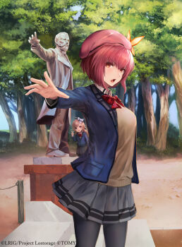 2girls beret black_pantyhose black_skirt blue_cardigan bow brown_eyes brown_hair cardigan copyright_notice dqn_(dqnww) hair_bow hanayo_(wixoss) hat highres looking_at_viewer multiple_girls official_art open_cardigan open_clothes outdoors outstretched_arm pantyhose red_eyes red_hair red_hat shirt skirt v white_bow white_shirt wixoss