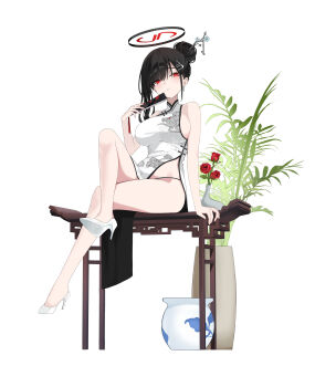 Rule 34 | 1girl, absurdres, alternate costume, bare shoulders, black hair, black halo, blue archive, breasts, bright pupils, china dress, chinese clothes, commentary, crossed legs, dress, full body, hair behind ear, hair bun, hair ornament, hairclip, halo, hand fan, high heels, highres, holding, holding fan, hwa n01, large breasts, looking at viewer, millennium science school logo, multicolored halo, panties, pelvic curtain, print dress, red eyes, ringed eyes, rio (blue archive), shoes, side slit, sideboob, simple background, sleeveless, sleeveless dress, solo, string panties, symbol-only commentary, two-tone halo, underwear, white background, white dress, white pupils, white shoes