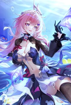 1girl absurdres asymmetrical_gloves black_gloves black_thighhighs blue_hair breasts chinese_commentary commentary_request cosplay cyrene_(demiurge)_(honkai:_star_rail) cyrene_(honkai:_star_rail) diamond-shaped_pupils diamond_(shape) fish gloves gradient_hair hair_ornament hand_on_own_chest hand_up highres honkai:_star_rail honkai_(series) hysilens_(honkai:_star_rail) hysilens_(honkai:_star_rail)_(cosplay) kaede_uehara large_breasts long_hair looking_at_viewer mismatched_gloves multicolored_hair navel open_mouth pink_hair purple_eyes purple_skirt red_gloves skirt smile solo stomach symbol-shaped_pupils thighhighs thighs