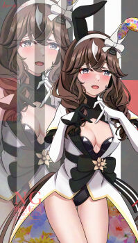 1girl absurdres alternate_costume blush braid breasts brown_eyes brown_hair cleavage commentary_request curren_bouquetd&#039;or_(umamusume) detached_sleeves hair_between_eyes hair_ornament hairband heart heart_hands highres horse_girl looking_at_viewer low_twin_braids open_mouth playboy_bunny ribbon s00h11o13 small_breasts solo thighs twin_braids umamusume