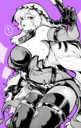 Rule 34 | !, 1girl, absurdres, black swan (honkai: star rail), blush, breasts, card, cleavage, gloves, greyscale, greyscale with colored background, highres, holding, holding card, honkai: star rail, honkai (series), large breasts, long hair, looking at viewer, monochrome, open mouth, purple background, purple eyes, simple background, solo, spoken exclamation mark, sweat, teeth, thighhighs, upper teeth only, yotsumi shiro