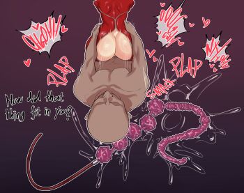 1boy 1girl absurdres anal_beads anal_tail ass bald bodysuit butt_plug byme_(bymetalala) commentary dark-skinned_male dark_skin defeat doggystyle english_commentary english_text faceless faceless_male fake_tail from_above from_behind hetero highres impossible_storage interracial oversized_object panther_(persona_5) persona persona_5 plap purple_background pussy_juice red_bodysuit sex sex_from_behind sex_toy tail takamaki_anne