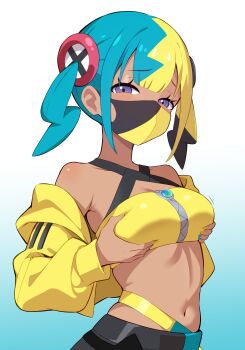 1girl absurdres aqua_background aqua_hair bandeau black_mask blonde_hair blue_eyes blue_hair bouncing_breasts breasts canari_(pokemon) commentary_request criss-cross_straps cropped_jacket dark-skinned_female dark_skin grabbing_own_breast gradient_background highres jacket looking_at_viewer mask md5_mismatch medium_breasts midriff mouth_mask multicolored_hair navel nintendo off_shoulder pants pokemon pokemon_legends:_z-a purple_eyes raimu_(clanberry000) raised_eyebrows resolution_mismatch short_twintails solo source_larger split-color_clothes split-color_hair stomach twintails two-tone_mask two-tone_pants yellow_bandeau yellow_jacket yellow_mask