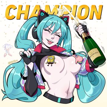 Rule 34 | 1girl, aqua hair, aqua nails, artist name, bigeyedtuna, black gloves, black shirt, bottle, breasts, champagne bottle, closed eyes, clothes lift, convenient censoring, crossover, english text, fingerless gloves, gloves, hatsune miku, highres, holding, holding bottle, jacket, long hair, medium breasts, navel, open clothes, open jacket, open mouth, patrick star, shirt, shirt lift, solo focus, sonic (series), sonic racing: crossworlds, sonic the hedgehog, spongebob squarepants, spongebob squarepants (series), teeth, twintails, upper body, upper teeth only, vocaloid