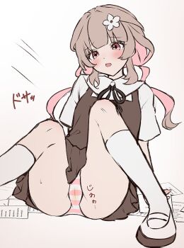 1girl black_ribbon blush brcl7777 brown_hair collared_shirt colored_inner_hair commentary_request dot_nose dress fallen_down flower foot_out_of_frame grey_dress hair_flower hair_ornament imminent_peeing kneehighs knees_up long_hair multicolored_hair neck_ribbon open_mouth original panties paper pee_stain pinafore_dress pink_eyes raised_inner_eyebrows ribbon school_uniform shirt shoes short_dress short_sleeves simple_background sitting sleeveless sleeveless_dress socks solo sound_effects stained_panties striped_clothes striped_panties translation_request underwear uwabaki variant_set white_background white_flower white_shirt white_socks