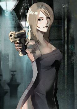 Rule 34 | 1girl, aya brea, black dress, blonde hair, breasts, cleavage, closed mouth, commentary, dress, english commentary, gun, handgun, highres, holding, holding gun, holding weapon, long hair, looking at viewer, night, outdoors, parasite eve (series), solo, standing, vilenblood, weapon